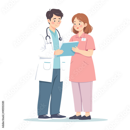 Doctor and nurse reviewing patient chart, teamwork