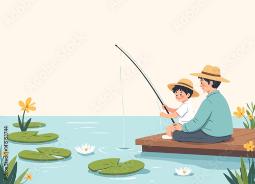 Father and Son Fishing on Pond with Lily Pads