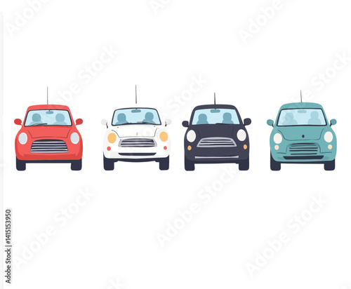 Four colorful mini cars lined up on white background