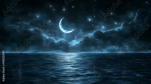 This is an illustration of a night seascape, featuring a crescent moon shining through clouds with starlight. The moon and stars are reflected in the calm water below.