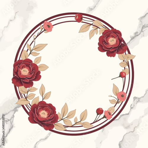 Floral Frame with Red Roses on Marble Background