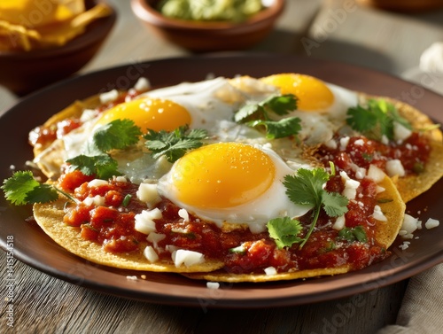 Delicious huevos rancheros sunny side up eggs on fried tortillas with spicy tomato sauce on plate