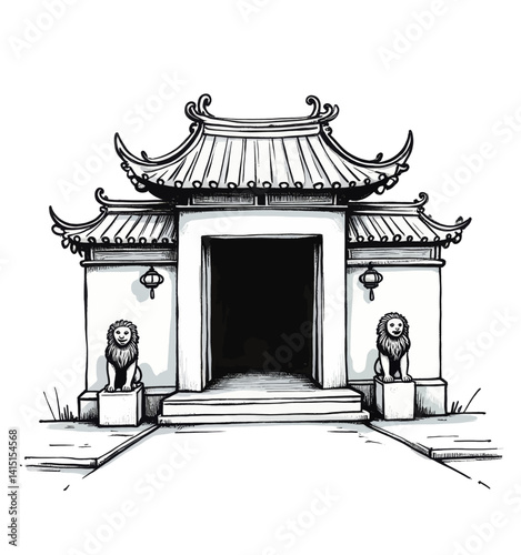 Ink Sketch of Chinese Gate with Lion Statues