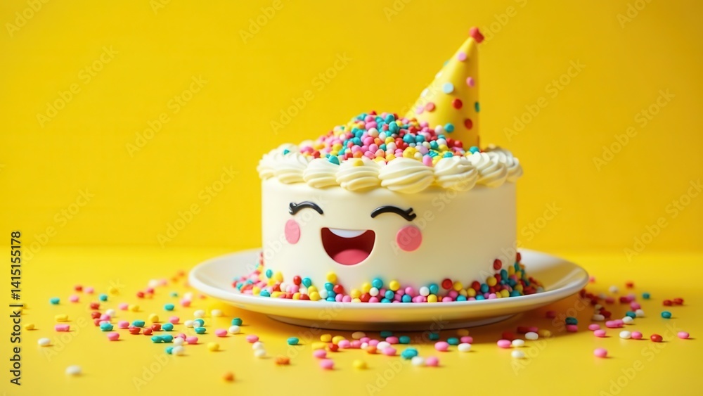 A Delightful Happy Birthday Cake with Colorful Sprinkles and a Festive Party Hat on a Yellow Background A Delightful Happy Birthday Cake with Colorful Sprinkles and a Festive Party Hat on a Yellow Background