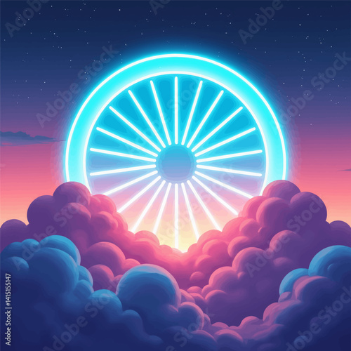 Neon wheel in dreamy clouds at twilight