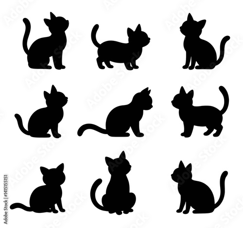 Nine Black Cat Silhouettes in Various Poses
