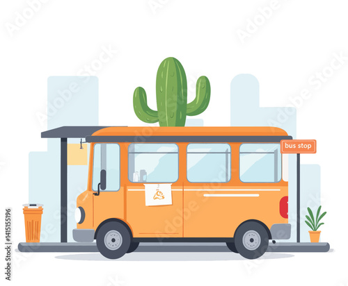 Orange bus stop with cactus and trash can illustration