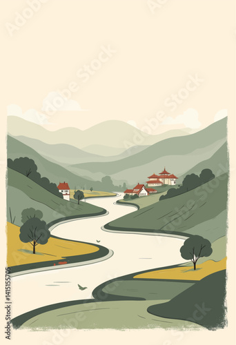 Serene River Valley with Temple and Homes