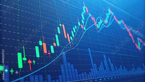 Close-up of an uptrend candlestick chart on a blue digital screen. Futuristic concept for stock trading, investment, and financial data analysis