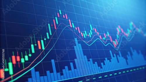 Close-up of an uptrend candlestick chart on a blue digital screen. Futuristic concept for stock trading, investment, and financial data analysis