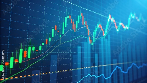 Close-up of an uptrend candlestick chart on a blue digital screen. Futuristic concept for stock trading, investment, and financial data analysis