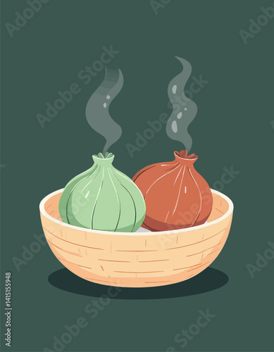 Steaming Green and Red Onions in Woven Bowl