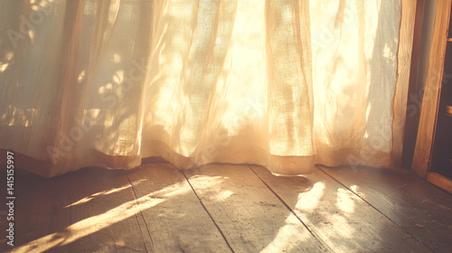A sunbeam spilling through a linen curtain onto a rustic wooden floor,
