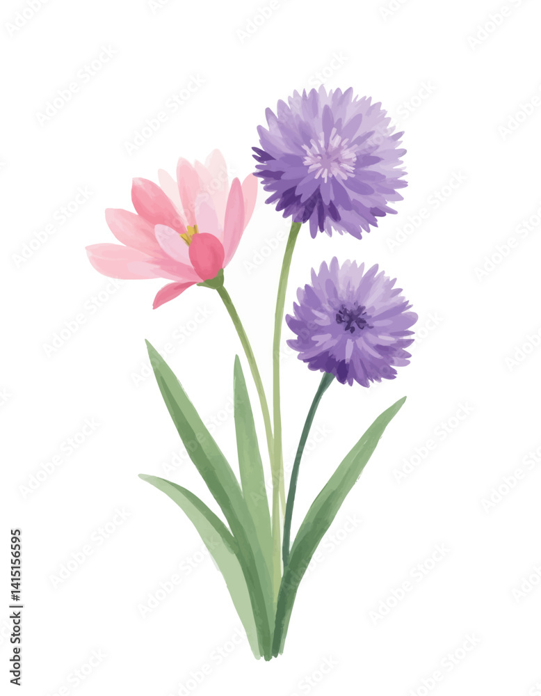 Watercolor bouquet of pink and purple flowers Watercolor bouquet of pink and purple flowers
