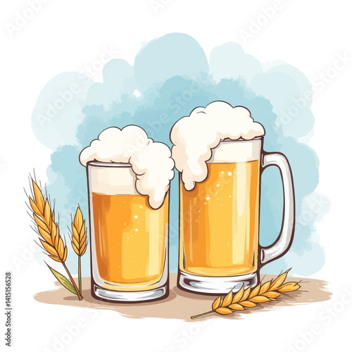 Two frothy beer mugs with wheat stalks and blue backdrop