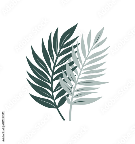Two palm fronds, teal and grey, overlapping on white
