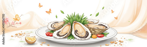 Whimsical oyster platter with tomatoes and lemon garnish
