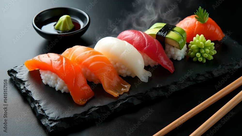 A delicious selection of sushi with nigiri, served with wasabi and soy sauce on a black stone plate A delicious selection of sushi with nigiri, served with wasabi and soy sauce on a black stone plate