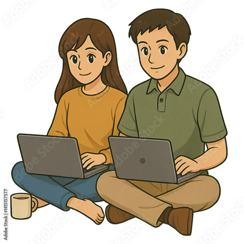 Young couple collaborating on laptops sitting comfortably  