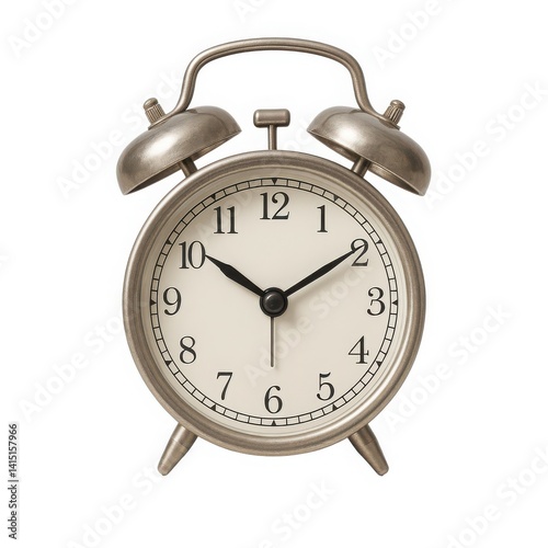 Classic Twin Bell Alarm Clock with Metal Frame and White Dial Isolated on White Background – Vintage Style Timepiece for Home or Office