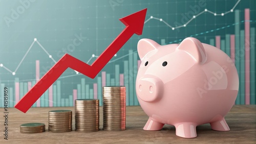 Pink piggy bank with an upward red arrow symbolizing financial growth and savings. Stacked coins and charts represent investment, banking, and economic success