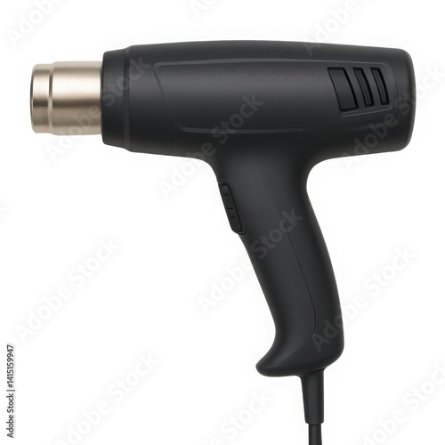 Side View of Black Electric Heat Gun with Nozzle and Ventilation Slots Isolated on White Background – High-Temperature Tool for DIY Projects, Paint Removal, and Shrink Wrapping

