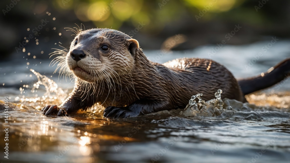 Obraz premium Otter Swimming Through Stream with Splashes of Water