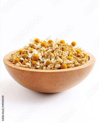 Dried chamomile flowers in wooden bowl
