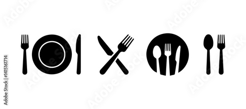 Fork, knife, plate and spoon. Menu symbol. Restaurant icon. Food, plate, fork, knife, spoon, cutlery icon set.