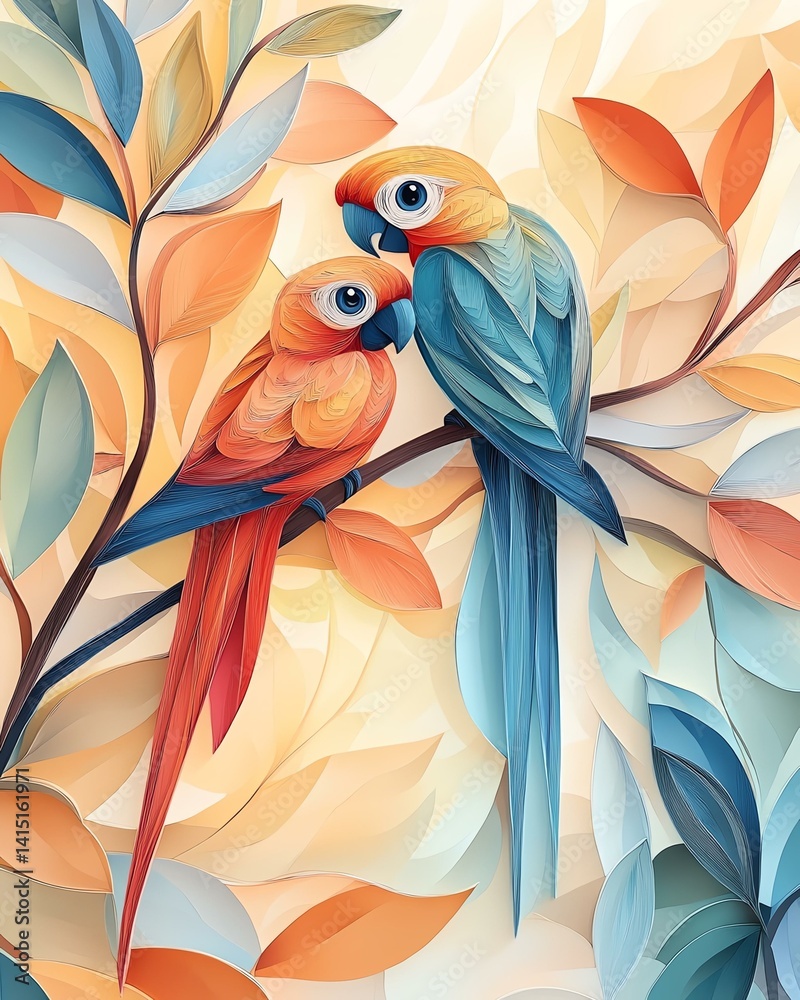 Obraz premium Colorful parrots perched on vibrant foliage.