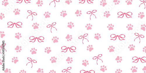 Coquette ribbon bow and pet paw seamless pattern for backgrounds, presentations, wrapping papers, prints, artworks. Vector illustration	