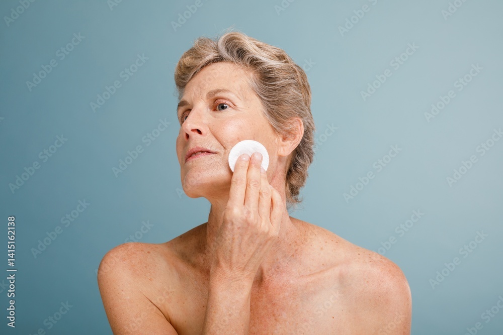 Elderly woman using a cotton pad on her face against a blue background. Skincare routine for mature skin. Self-care and beauty for older women. Elderly woman cleaning skin. Skincare and beauty.