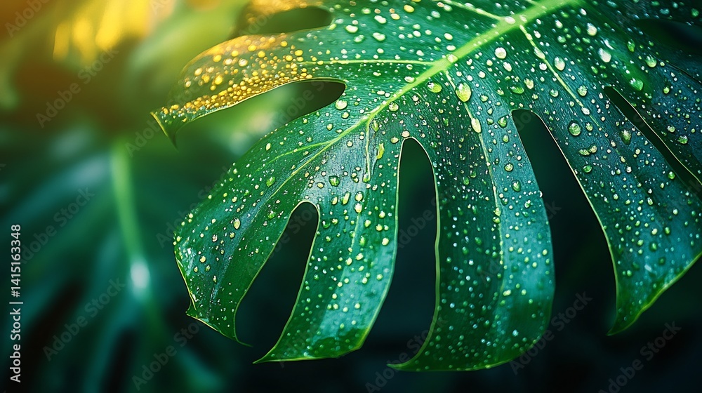 Fototapeta premium Dewdrops on Monstera Leaf: A Tropical Paradise
