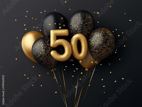 Elegant gold and black balloons celebrate a 50th birthday with confetti.  Perfect for party invitations or anniversary cards.