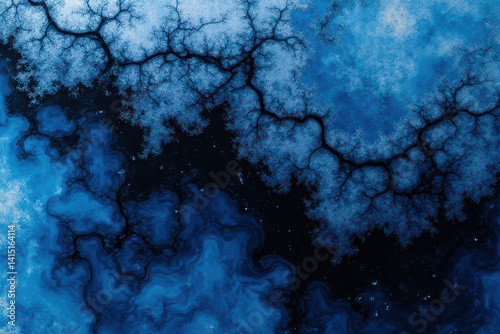 Mesmerizing Ink Swirls: Close-Up Experimental Photography of Black & Medium Blue Blending in Water