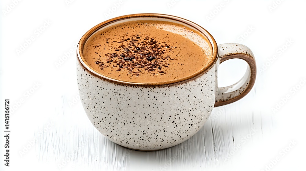 Fototapeta premium Frothy Cappuccino Topped with Chocolate in White Speckled Mug on Clean White Wooden Table