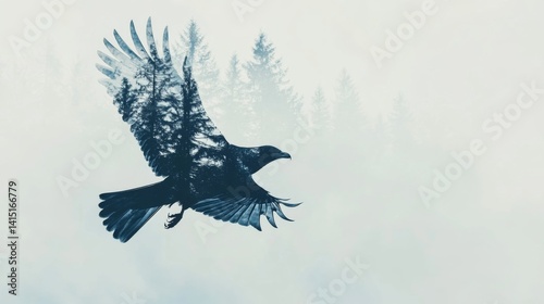 Double exposure of a bird flying across a sky layered with forest trees, artistic nature scene, clean space for text