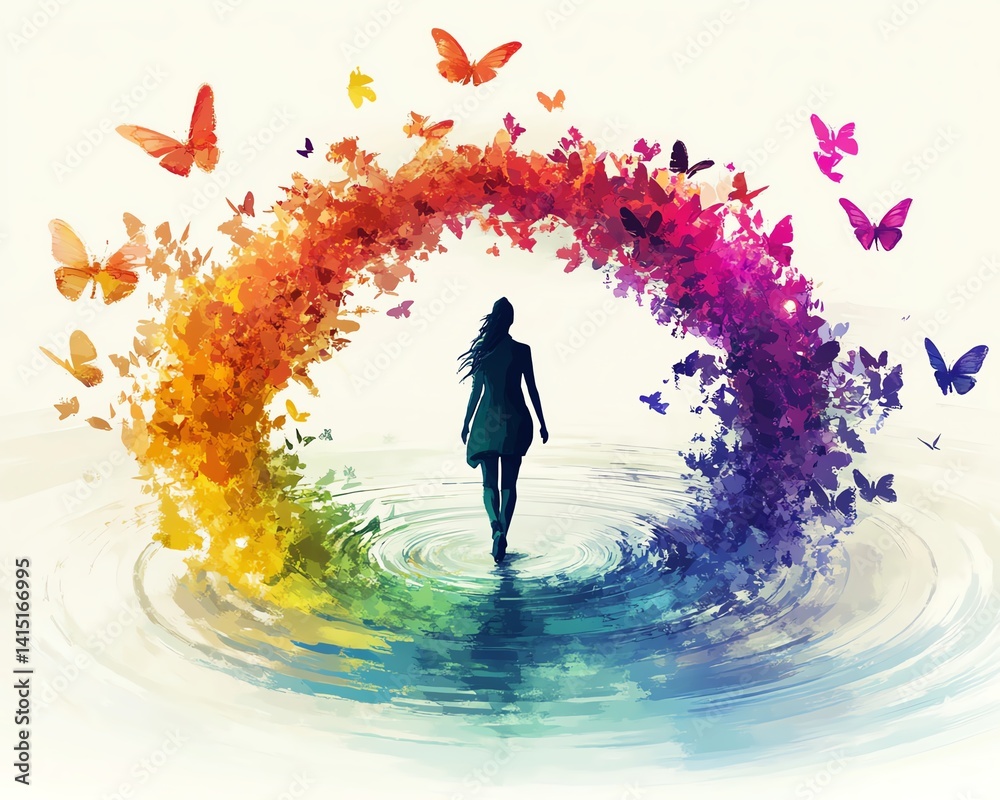 Obraz premium A person walking in circles with a whirlwind of colorful erflies chasing them Psychology art concept AI generation