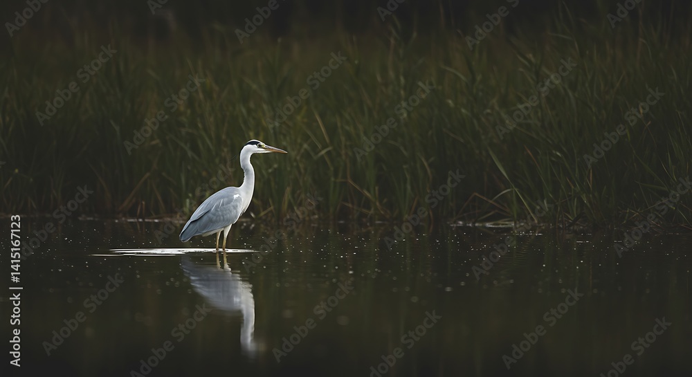 Heron Standing in Shallow Water with Reflections in Natural Setting Heron Standing in Shallow Water with Reflections in Natural Setting