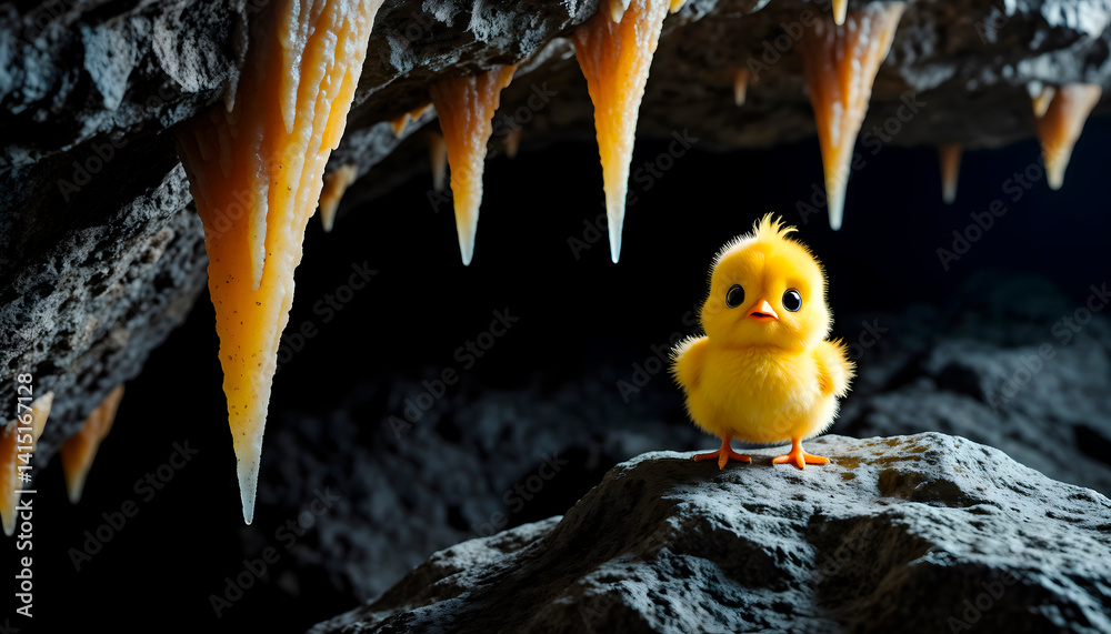 A scared baby chick sits alone in a dark cave, symbolizing fear and vulnerability