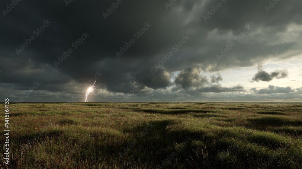 Dramatic lightning strike over a grassy plain under a stormy sky.