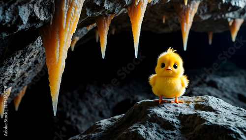Obraz na płótnie A scared baby chick sits alone in a dark cave, symbolizing fear and vulnerability w salonie