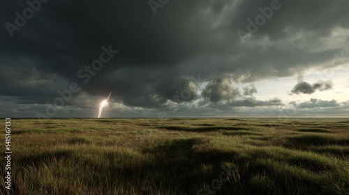 Dramatic lightning strike over a grassy plain under a stormy sky.