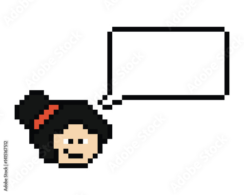 Cartoon pixel cute cartoon character face woman with chat blank decoration 8 bit female girl say speak discuss idea chat box cartoon pixel game 8bit png vector.
