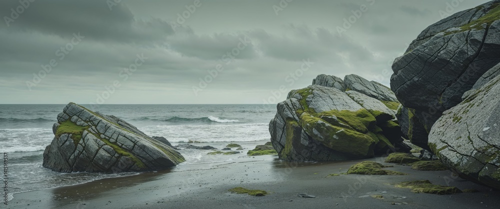 there are two large rocks on the beach near the water