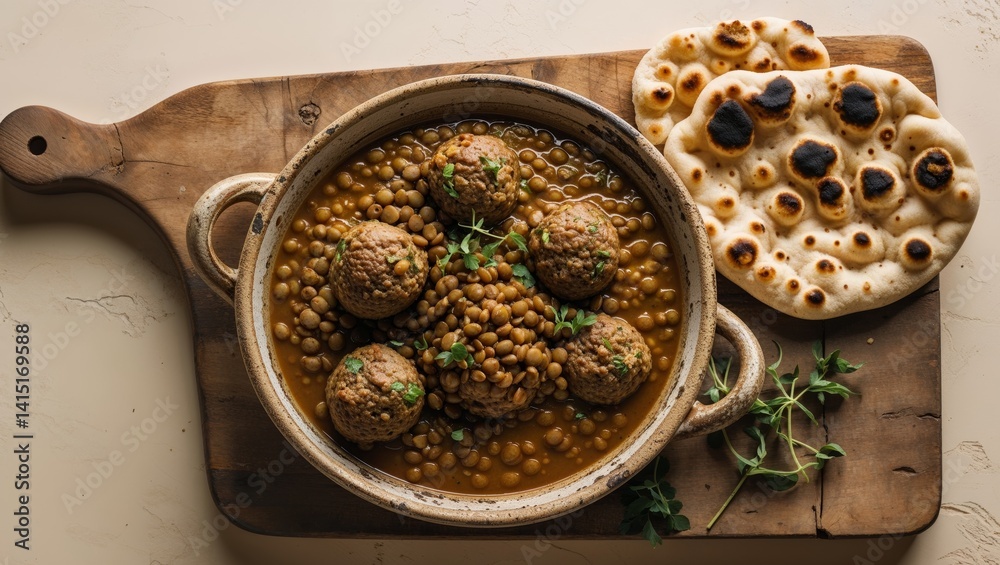 Hearty Lentil Meatball Stew with Naan Bread Rustic Autumnal Cuisine