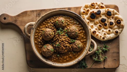 Obraz na płótnie Hearty Lentil Meatball Stew with Naan Bread Rustic Autumnal Cuisine w salonie