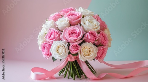 Pink and white rose bouquet with ribbon on soft pastel background