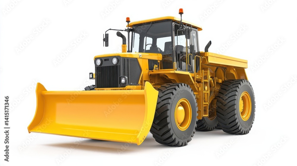 Fototapeta premium Yellow construction bulldozer parked on a clean surface with clear background, ready for work