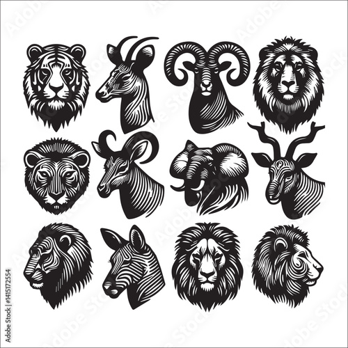 Powerful Black and White Animal Head Silhouettes. A set of nine distinct animal head silhouettes, rendered in a bold, graphic style.